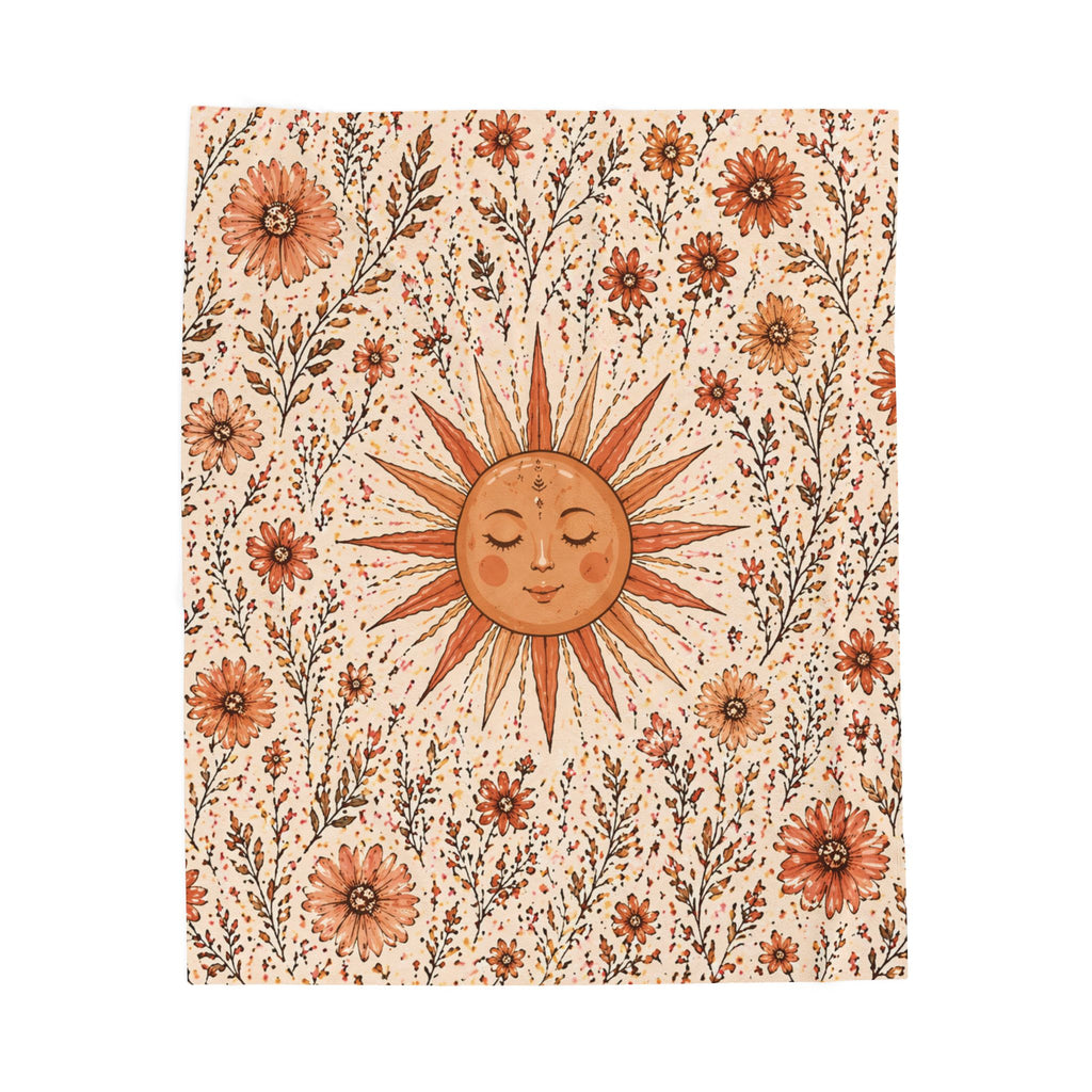 Boho Velvet Blanket with Smiling Sun & Flowers | Cuddly Throw Blanket