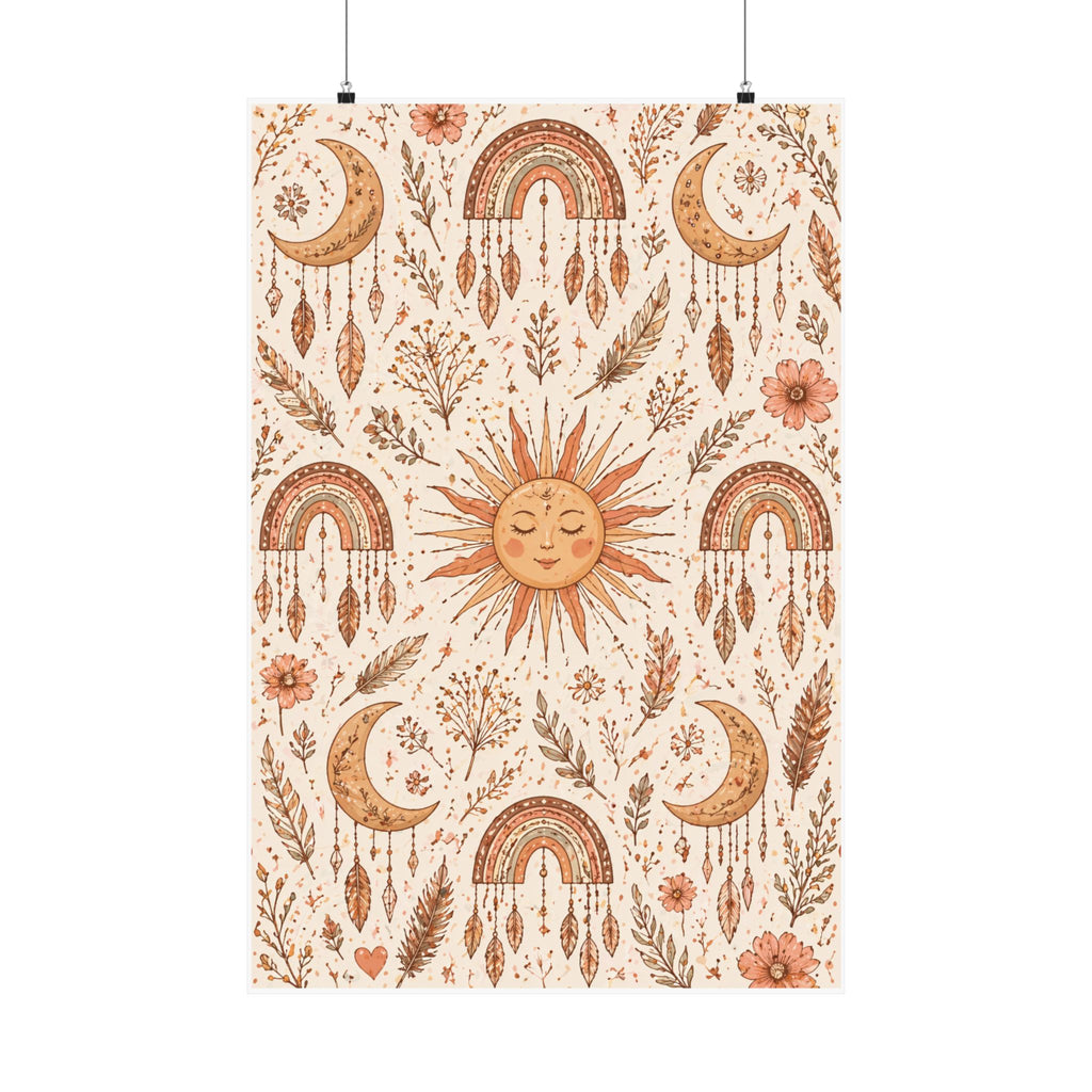 Boho Sun and Moon Pattern Matte Vertical Poster | Rainbow, Floral Wall Art