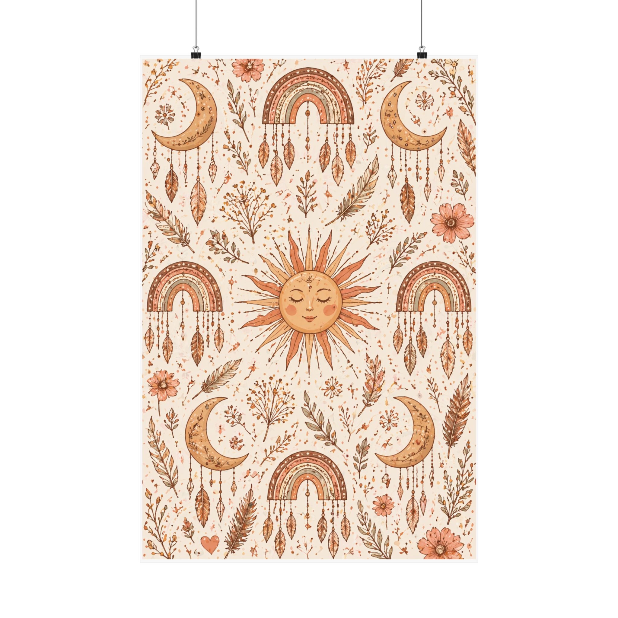 Boho Sun and Moon Pattern Matte Vertical Poster | Rainbow, Floral Wall Art