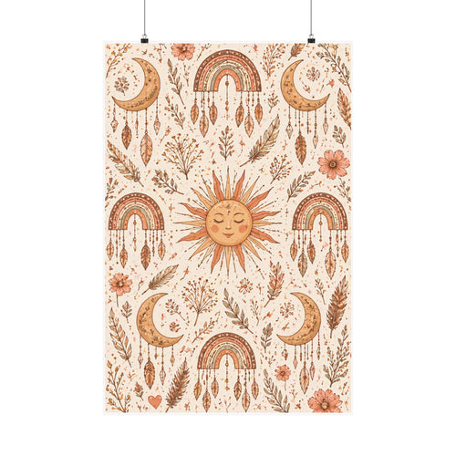 Boho Sun and Moon Pattern Matte Vertical Poster | Rainbow, Floral Wall Art