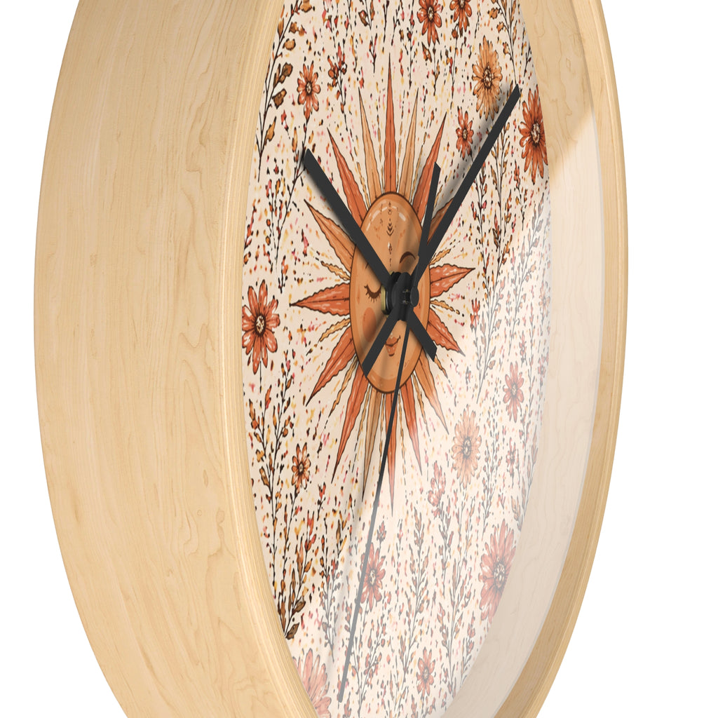 Boho Wall Clock with Sun & Flowers | Rustic Floral Clock