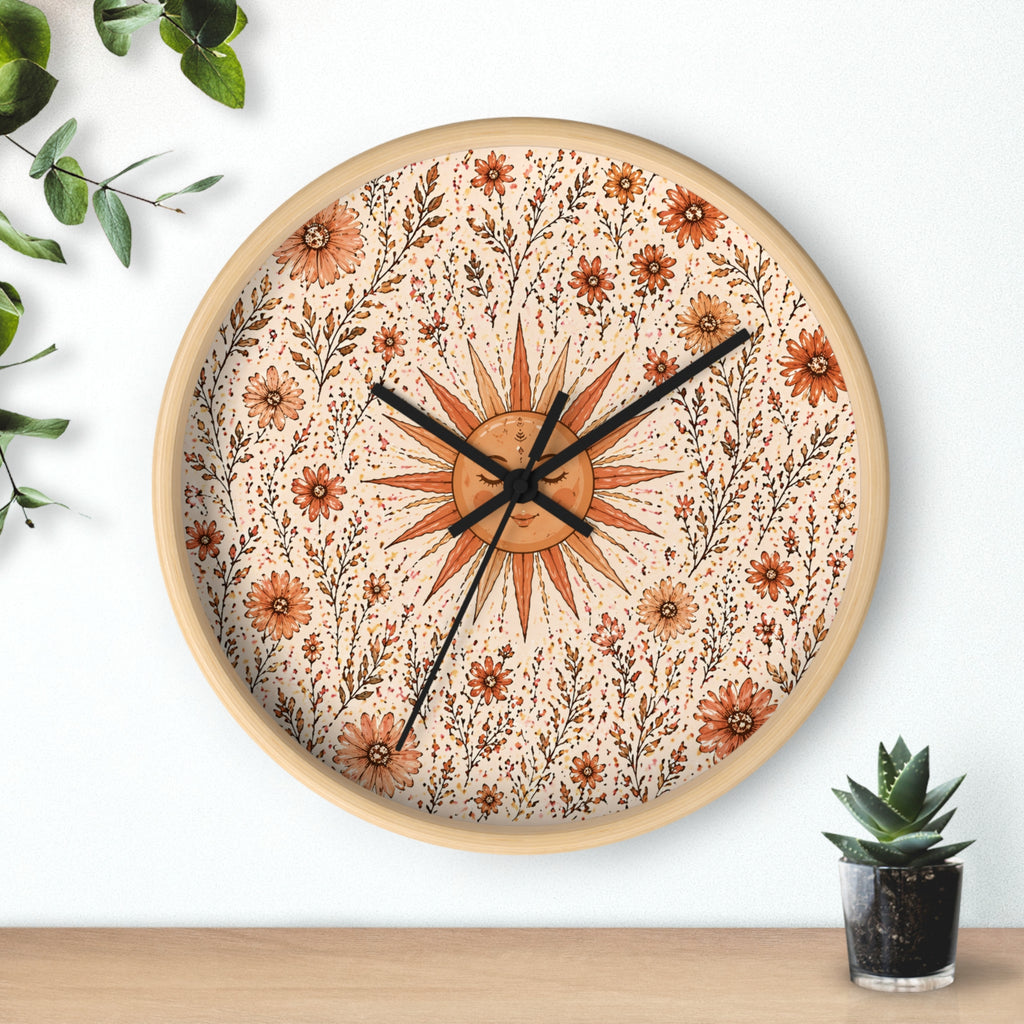 Boho Wall Clock with Sun & Flowers | Rustic Floral Clock