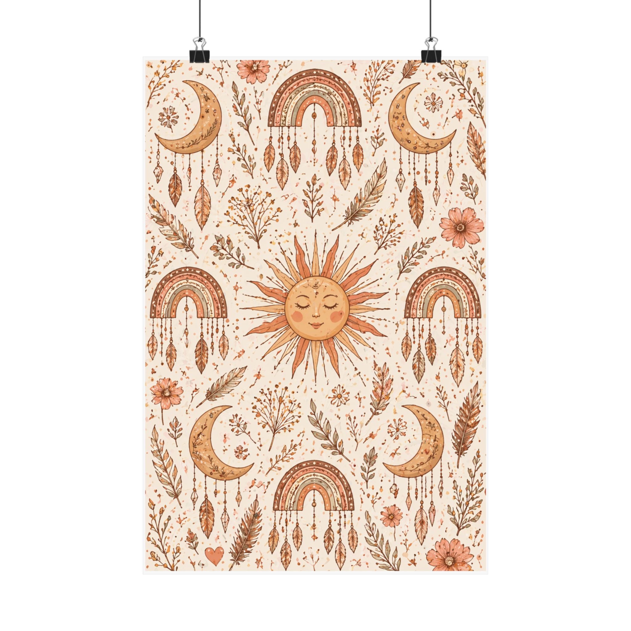 Boho Sun and Moon Pattern Matte Vertical Poster | Rainbow, Floral Wall Art