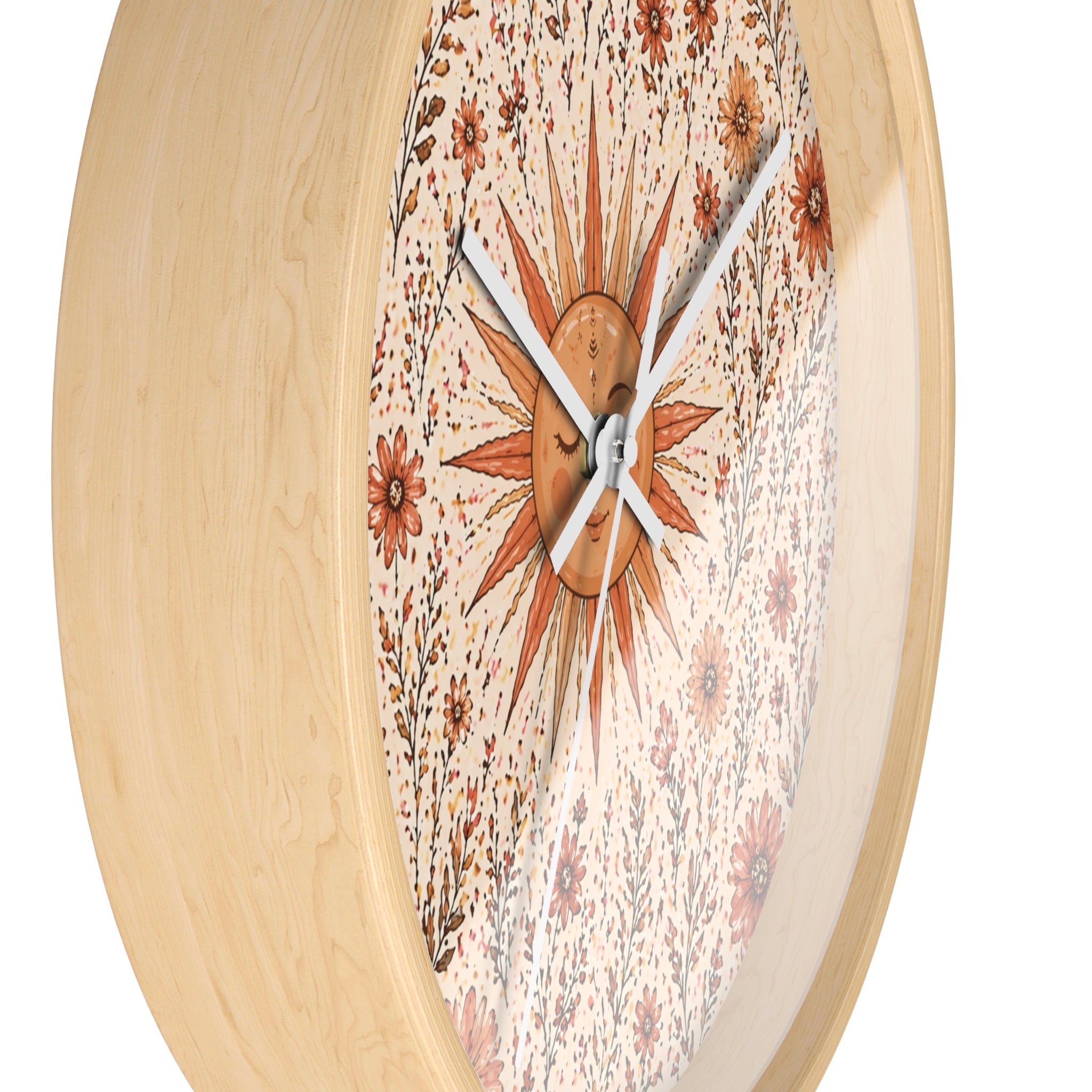 Boho Wall Clock with Sun & Flowers | Rustic Floral Clock