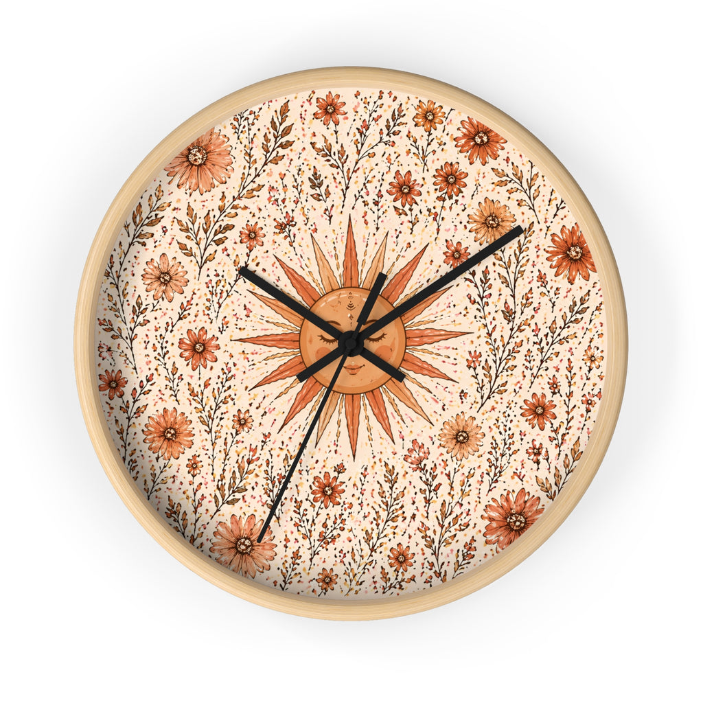 Boho Wall Clock with Sun & Flowers | Rustic Floral Clock