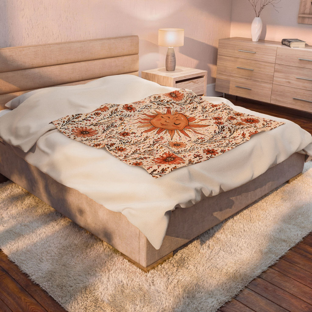 Boho Velvet Blanket with Smiling Sun & Flowers | Cuddly Throw Blanket