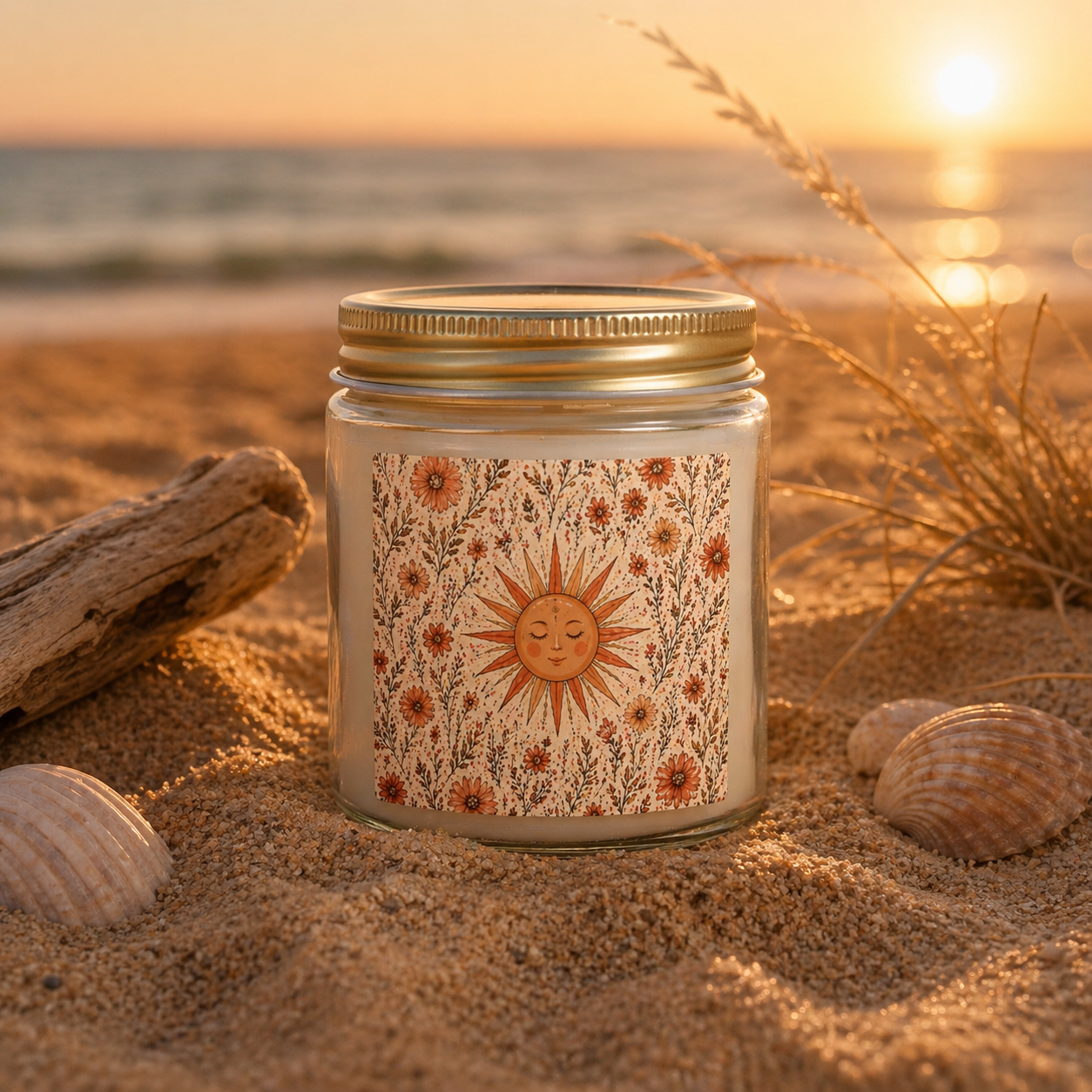 Velours Duftkerze mit Sonnenmotiv & Wildblumen