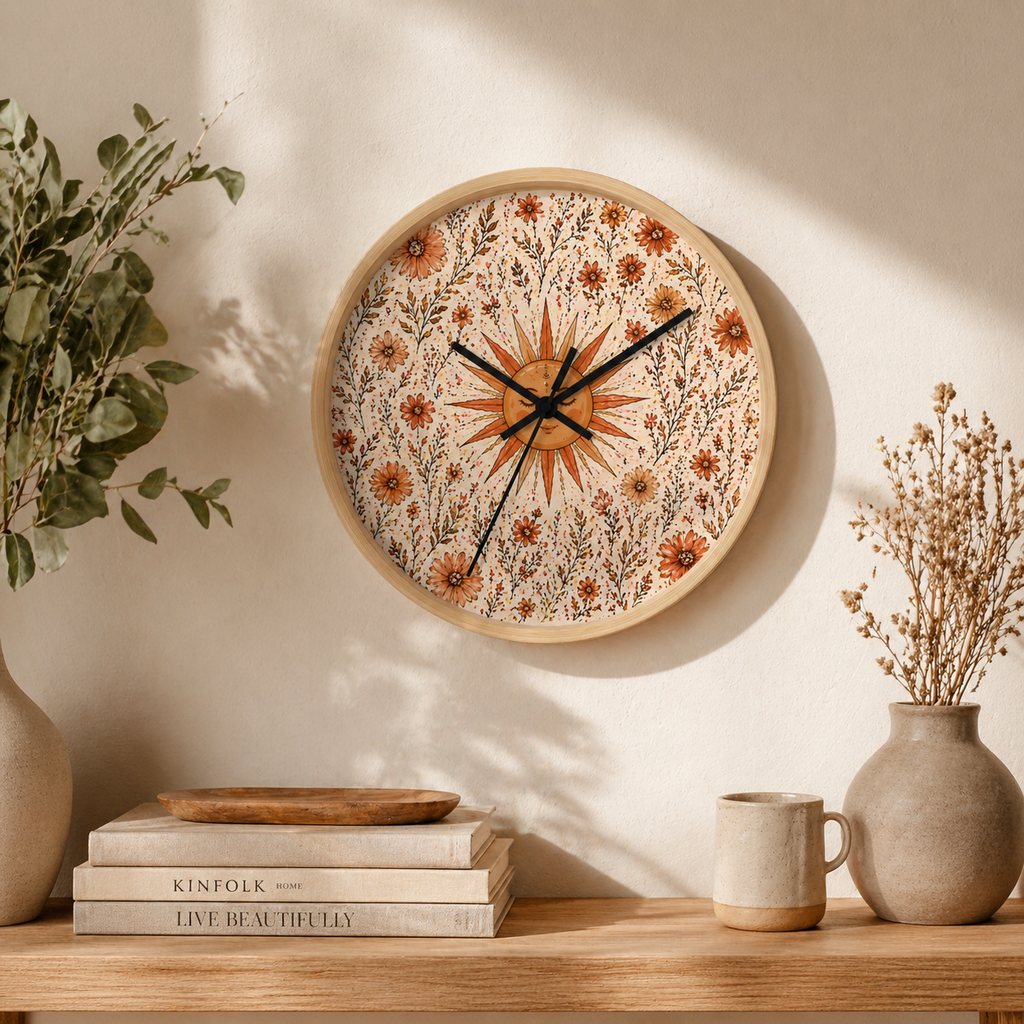 Boho Wall Clock with Sun & Flowers | Rustic Floral Clock