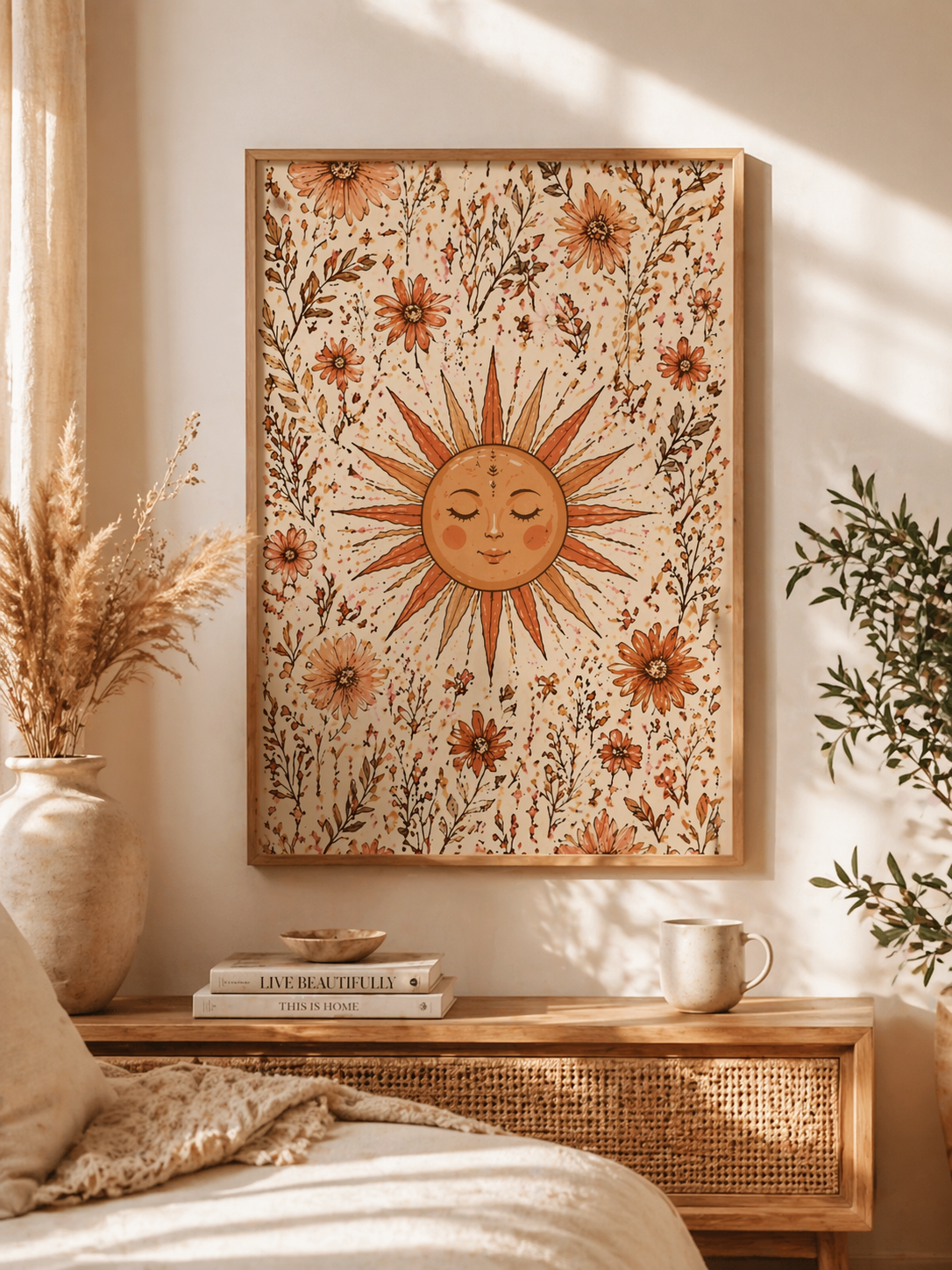 Boho Sun Face Floral Illustration Matte Vertical Poster | Sunburst Wall Art