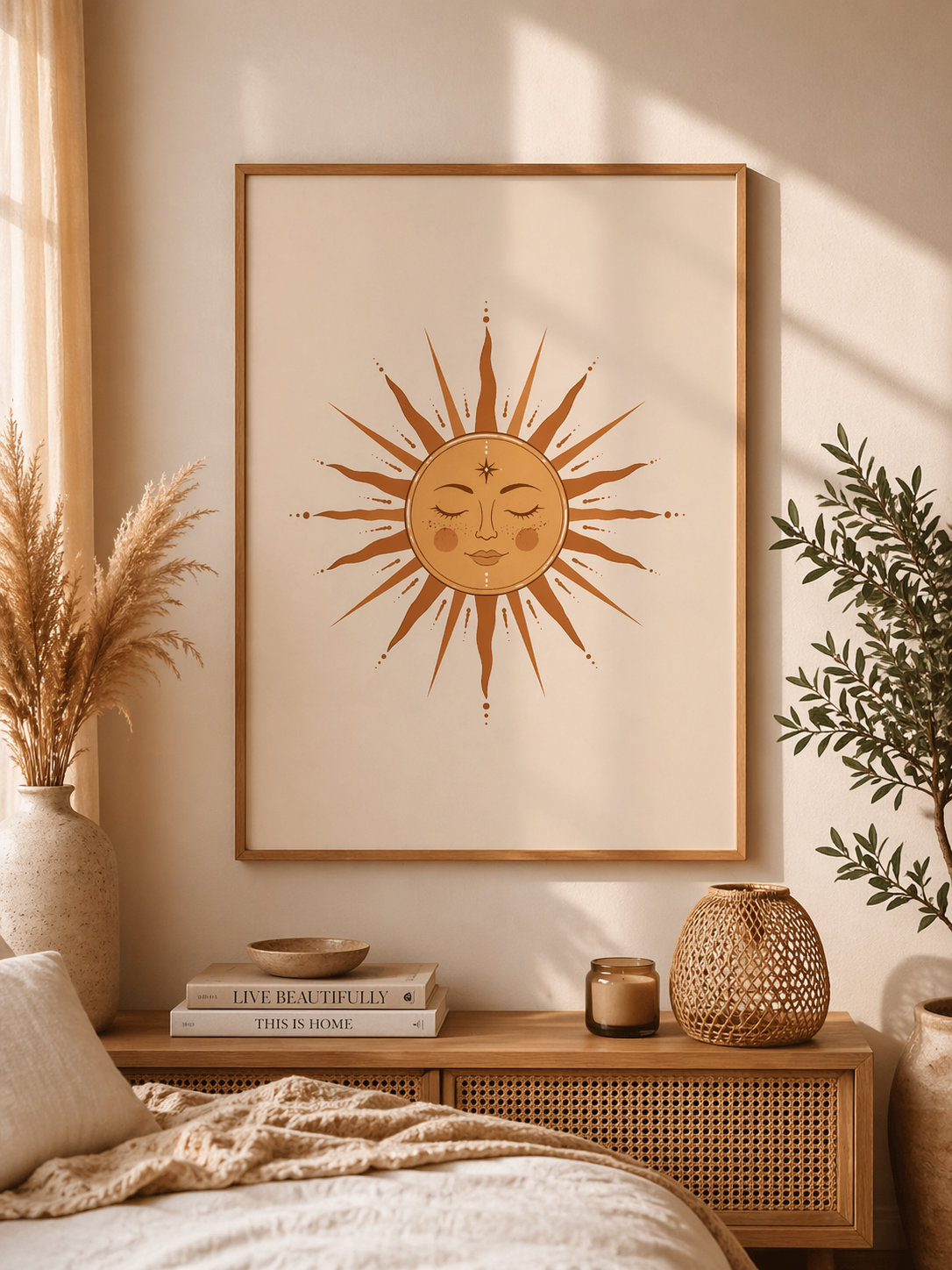 Boho Sun Face Matte Vertical Poster | Celestial Wall Art, Neutral Decor