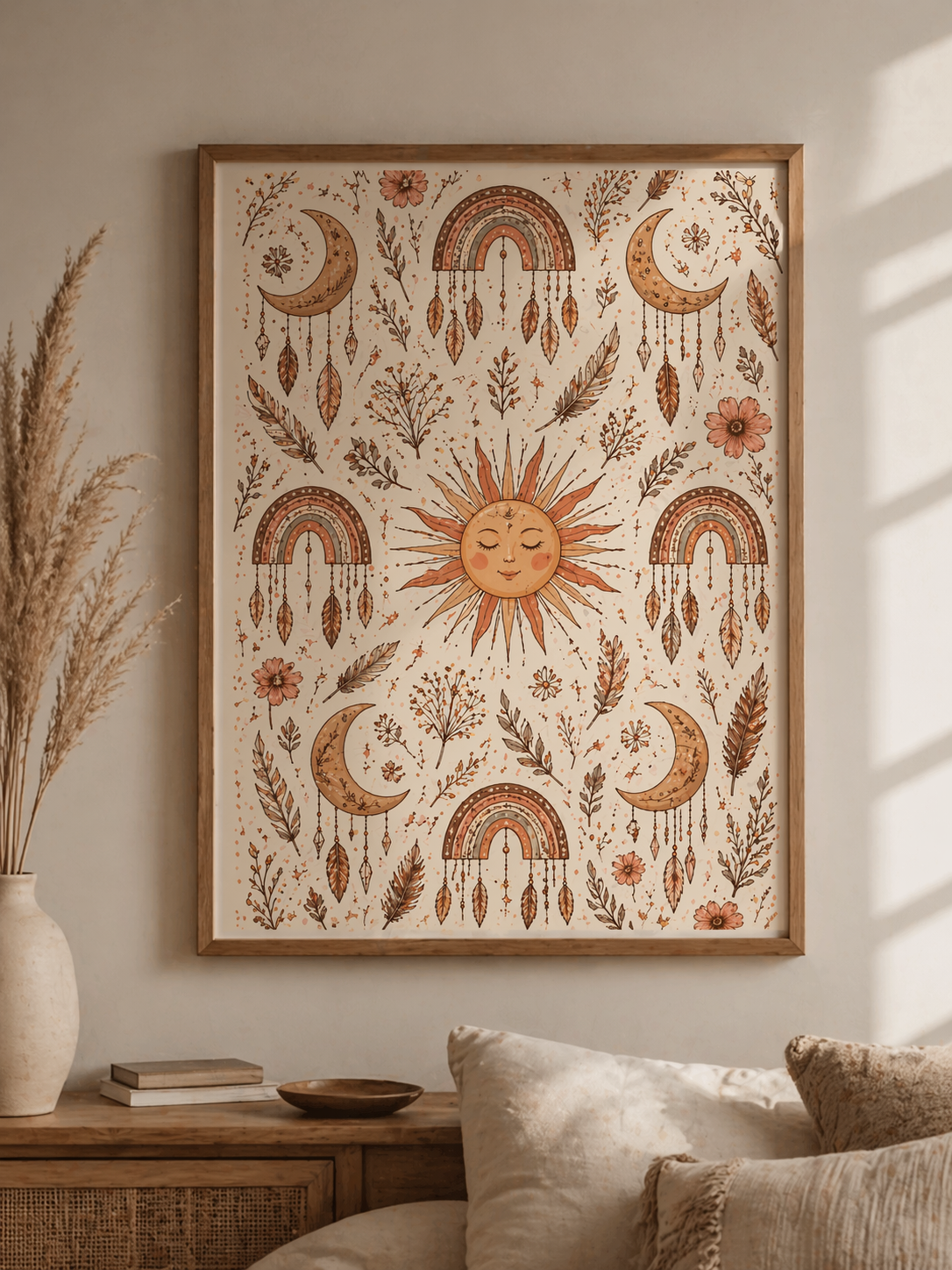 Boho Sun and Moon Pattern Matte Vertical Poster | Rainbow, Floral Wall Art