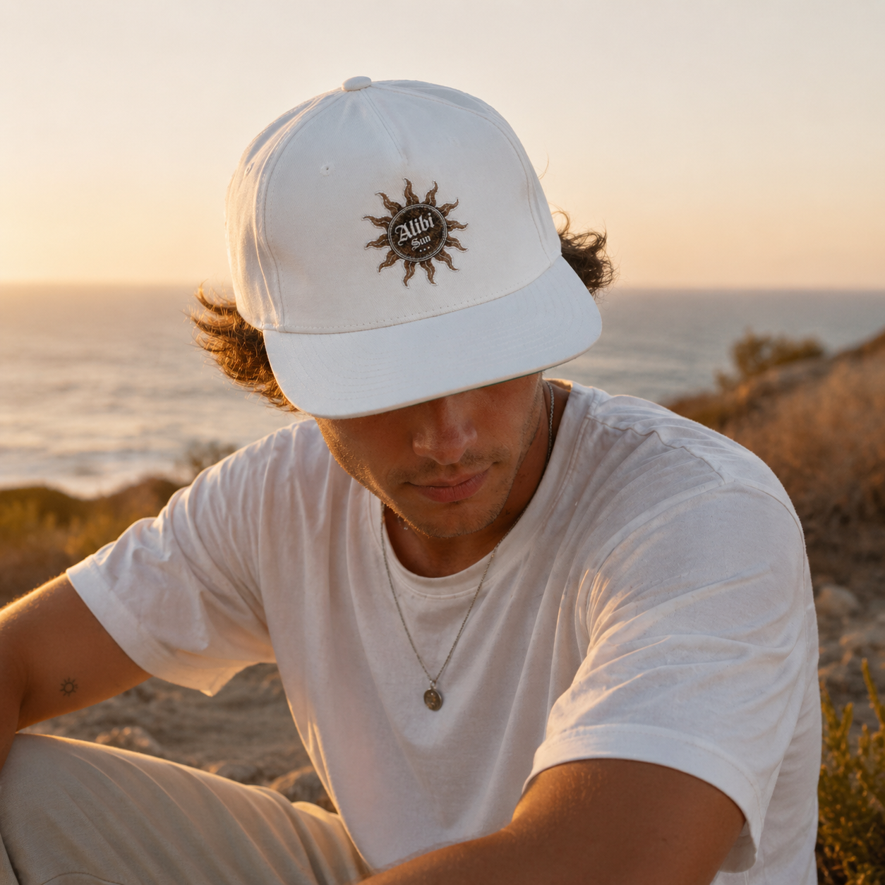 Embroidered Sun Logo Flat Bill Cap – ‘Alibi’ Vintage Surf Style Snapback