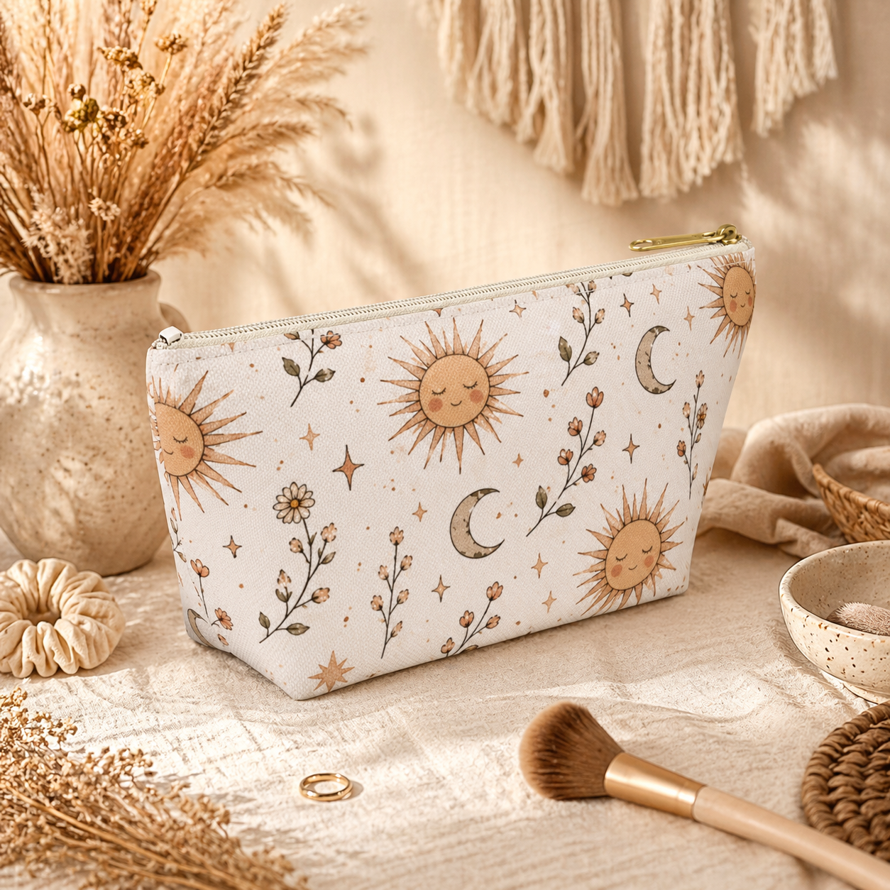 Boho Kosmetiktasche – Sonne & Mond Design | Make-up Bag | Boho Geschenk