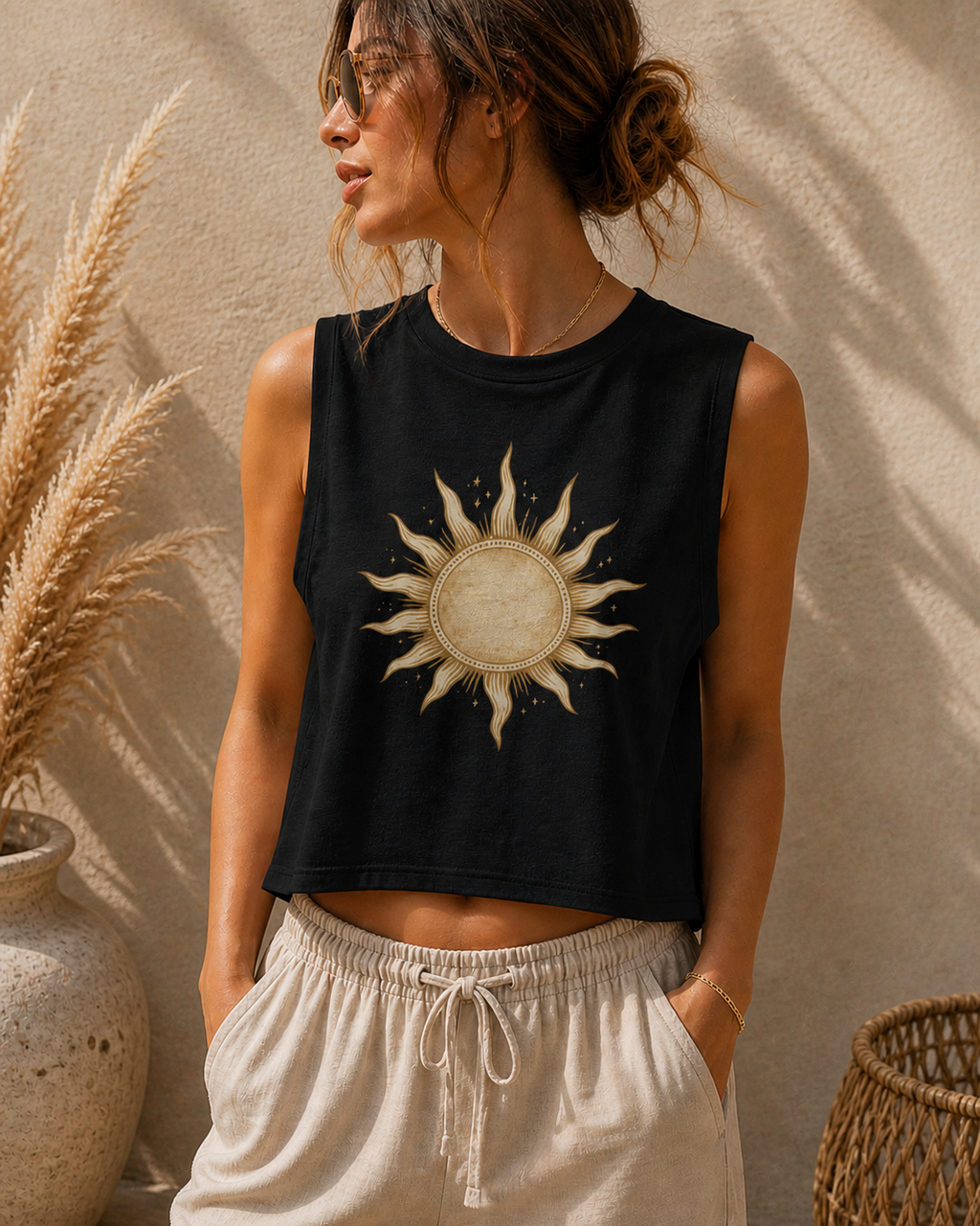 Boho Sunburst Crop Top – Vintage Golden Sun Aesthetic Tank