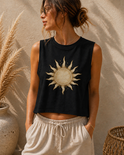 Boho Sunburst Crop Top – Vintage Golden Sun Aesthetic Tank