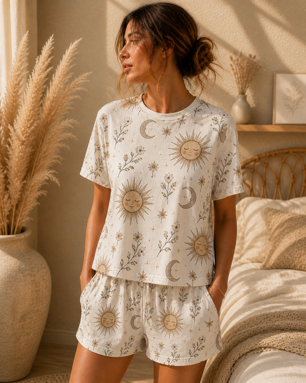 Sun & Moon Floral Women's Pajama Set — Cozy Celestial Sleepwear