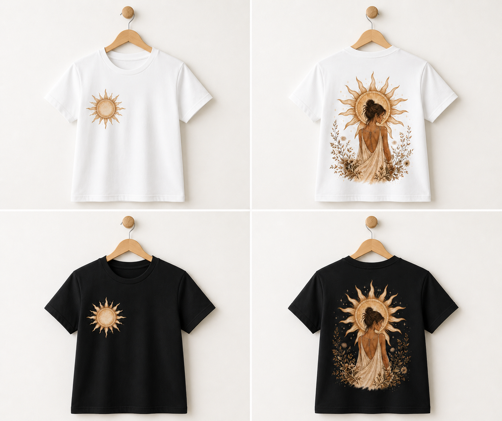 Sun Goddess Graphic T-Shirt — Boho Woman Backprint Tee