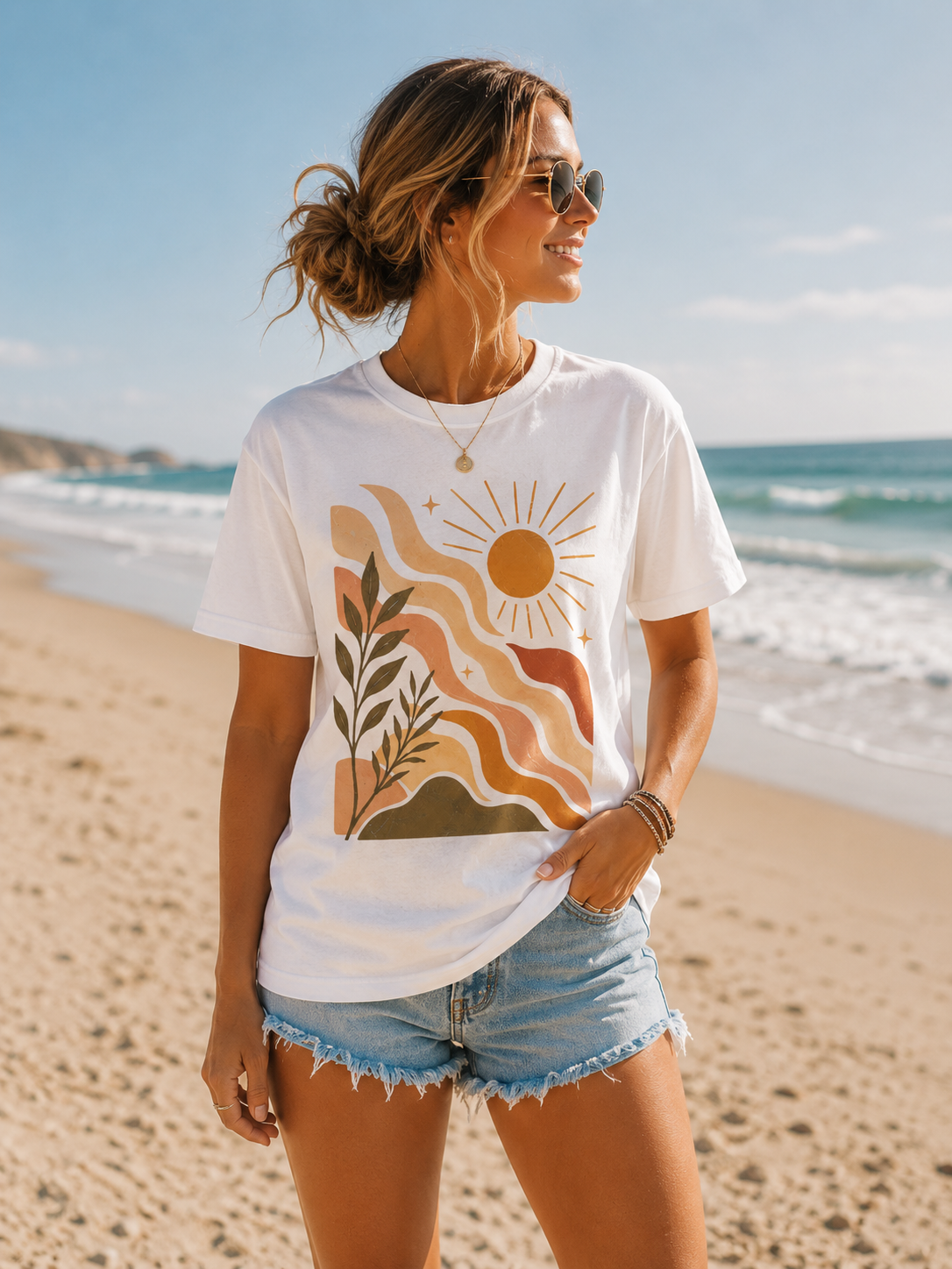 Retro Desert Sun T-Shirt — Boho Wavy Landscape Tee