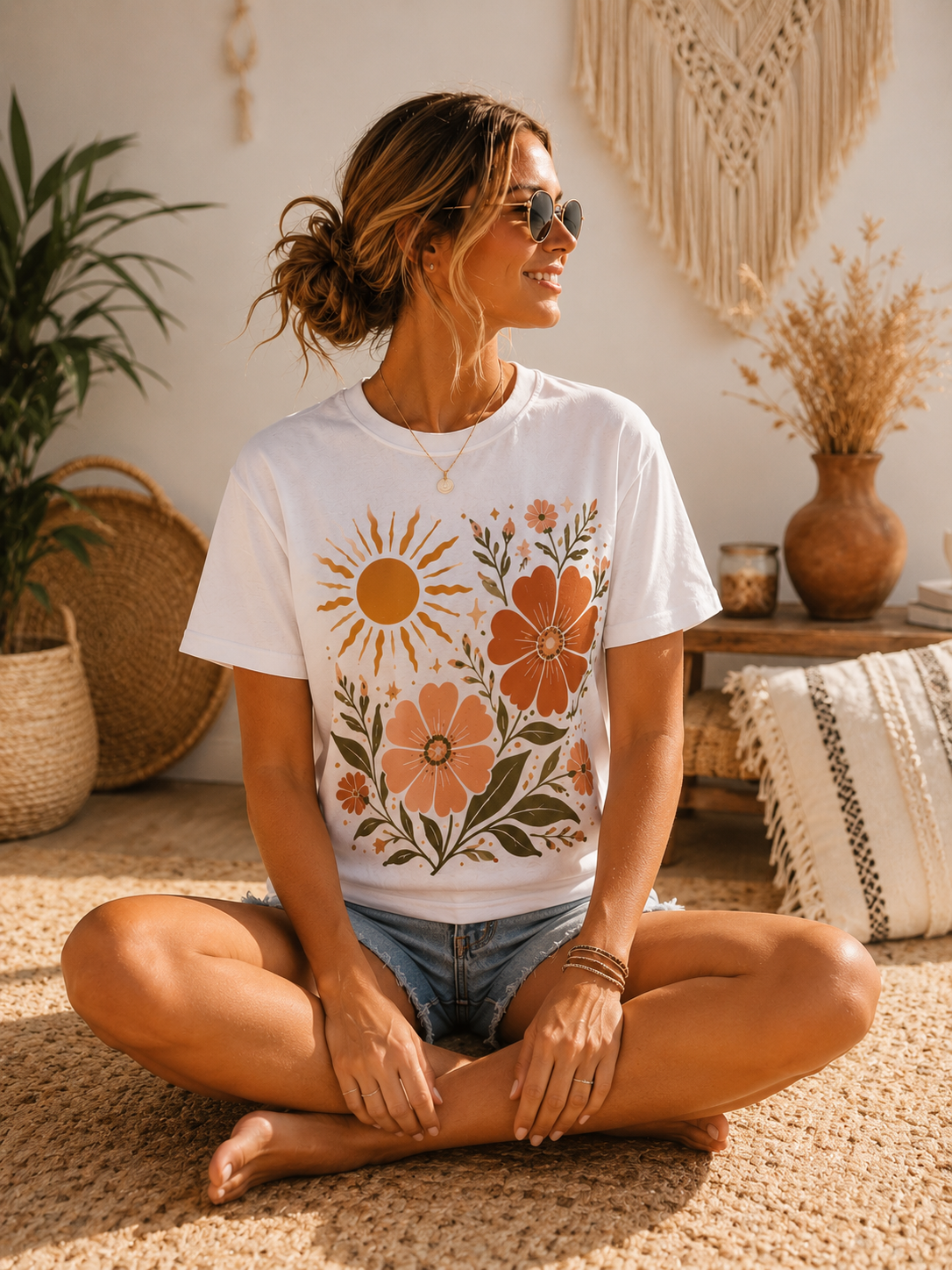 Retro Floral Sun T-Shirt — Boho Vintage Flower Graphic Tee