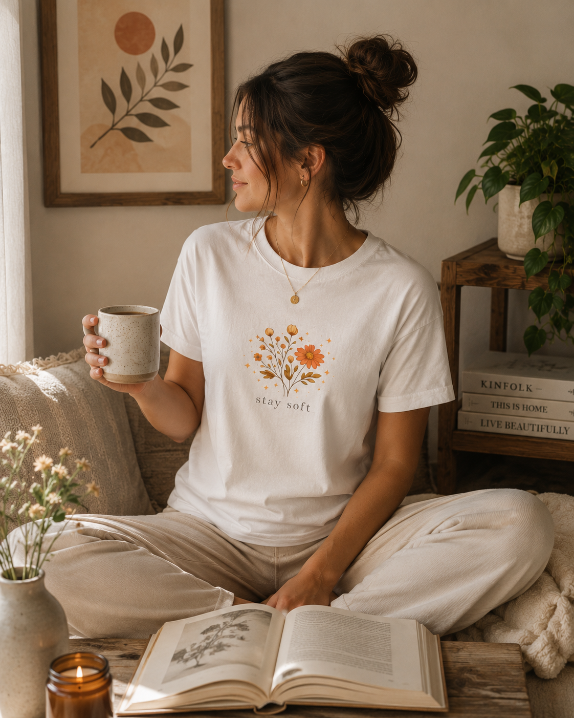 Stay Soft Floral T-Shirt — Minimal Boho Flower Graphic Tee