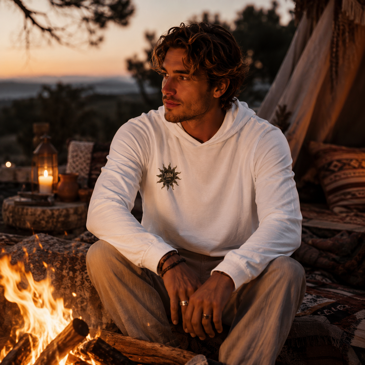Alibi Sun Hooded Long Sleeve Tee — Vintage Boho Graphic