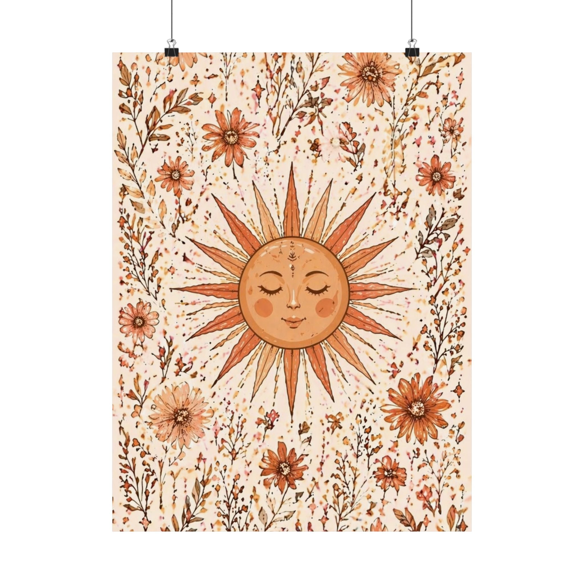 Boho Sun Face Floral Illustration Matte Vertical Poster | Sunburst Wall Art