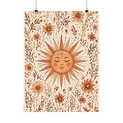 Boho Sun Face Floral Illustration Matte Vertical Poster | Sunburst Wall Art