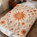 Boho Velvet Blanket with Smiling Sun & Flowers | Cuddly Throw Blanket