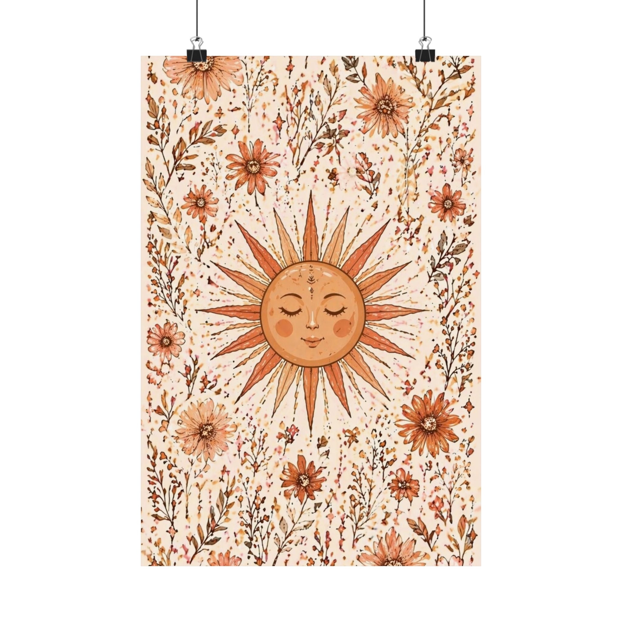 Boho Sun Face Floral Illustration Matte Vertical Poster | Sunburst Wall Art