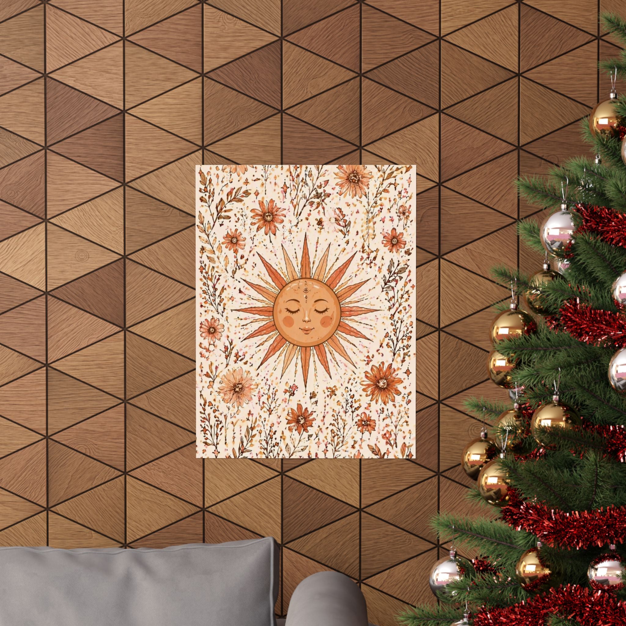 Boho Sun Face Floral Illustration Matte Vertical Poster | Sunburst Wall Art