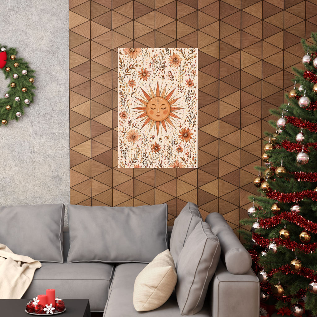 Boho Sun Face Floral Illustration Matte Vertical Poster | Sunburst Wall Art