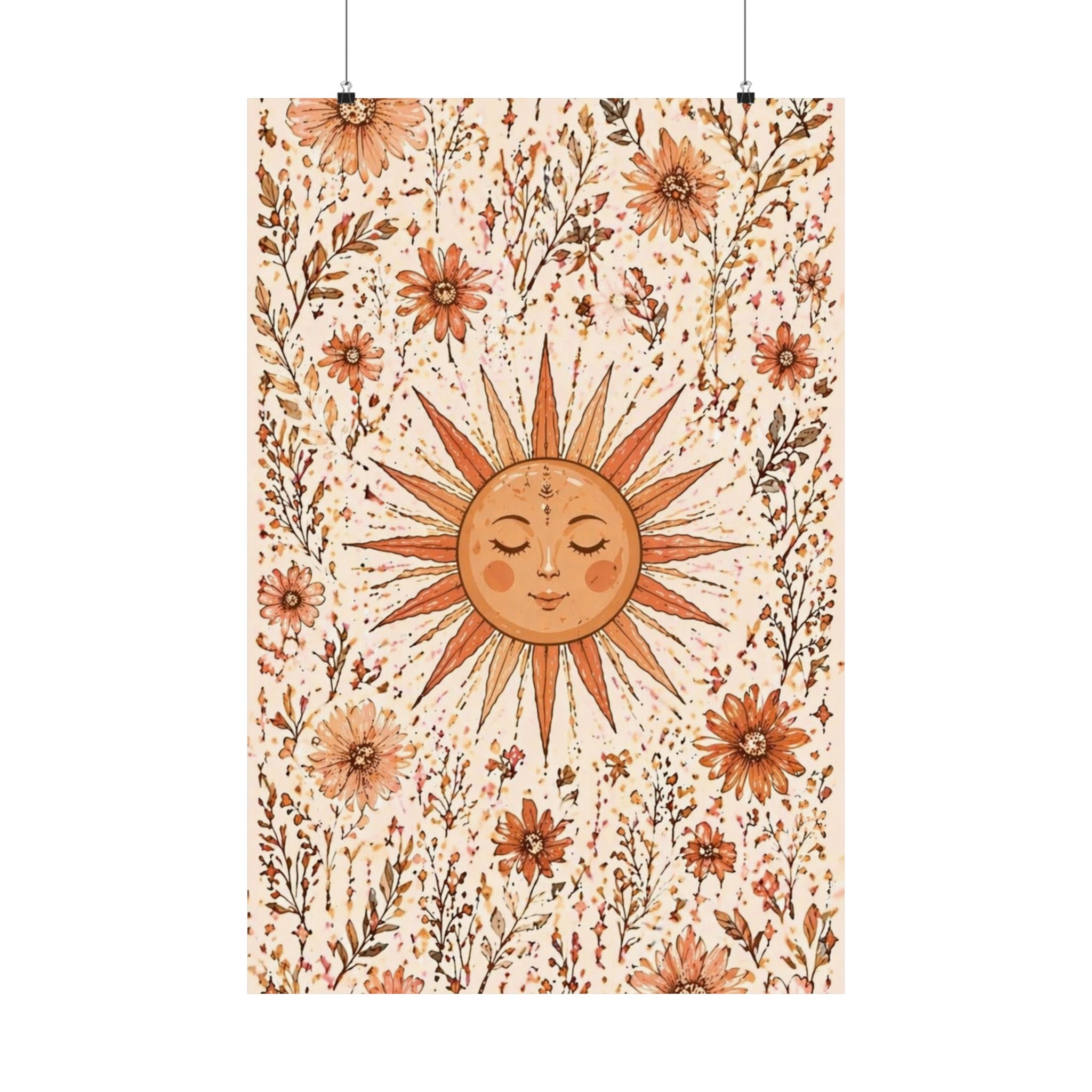 Boho Sun Face Floral Illustration Matte Vertical Poster | Sunburst Wall Art