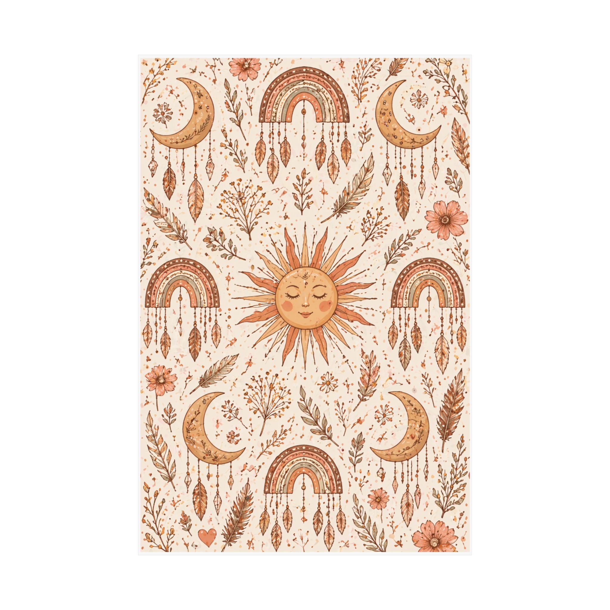 Boho Sun and Moon Pattern Matte Vertical Poster | Rainbow, Floral Wall Art