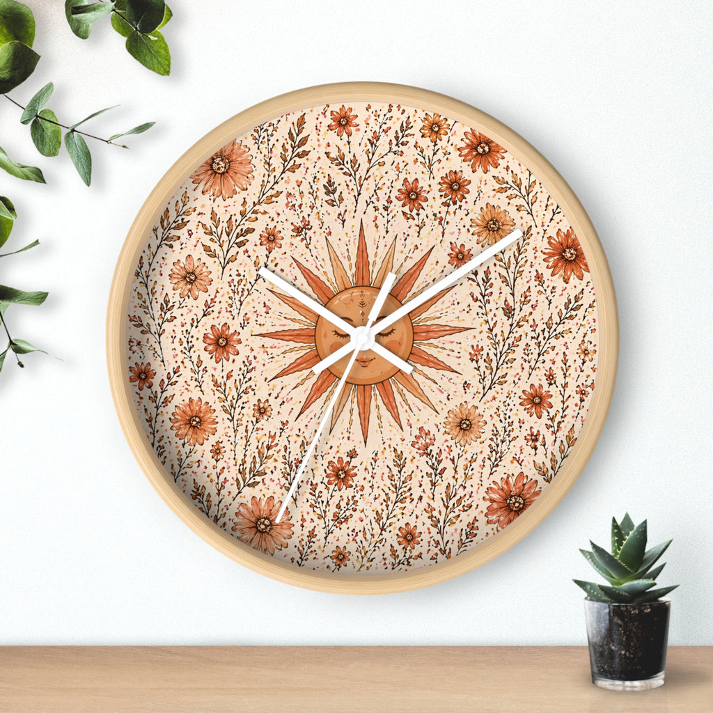 Boho Wall Clock with Sun & Flowers | Rustic Floral Clock